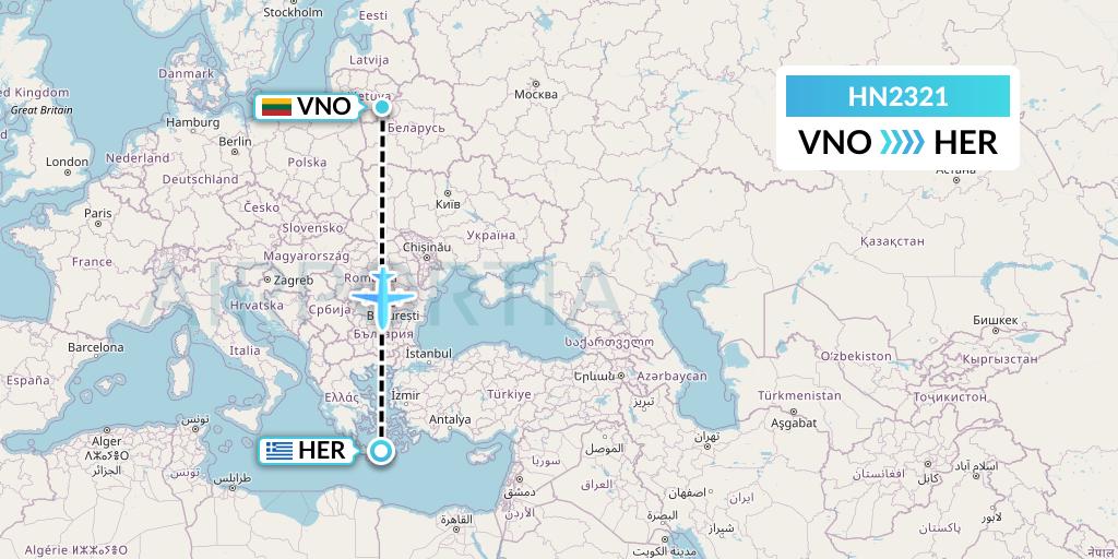 HN2321 Uab Heston Airlines Jsc Heston Airl Flight Map: Vilnius to Heraklion