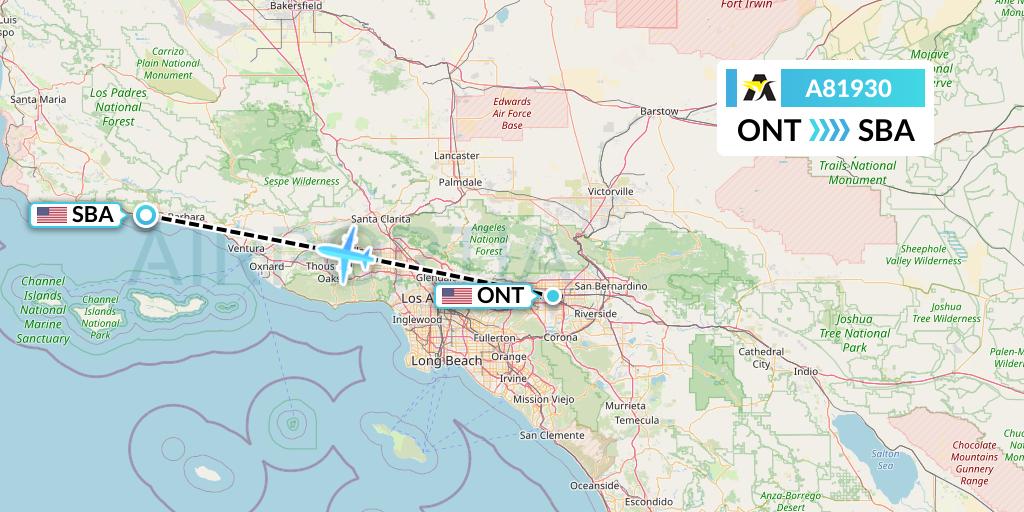 A81930 Aerolink Uganda Flight Map: Ontario to Santa Barbara