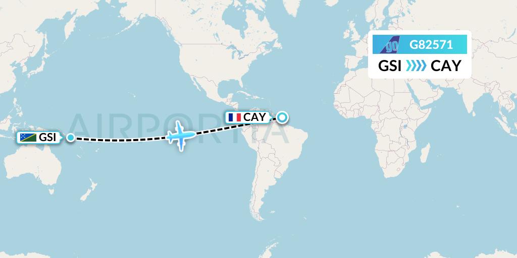 G82571 Go Air Flight Map: Guadalcanal to Cayenne