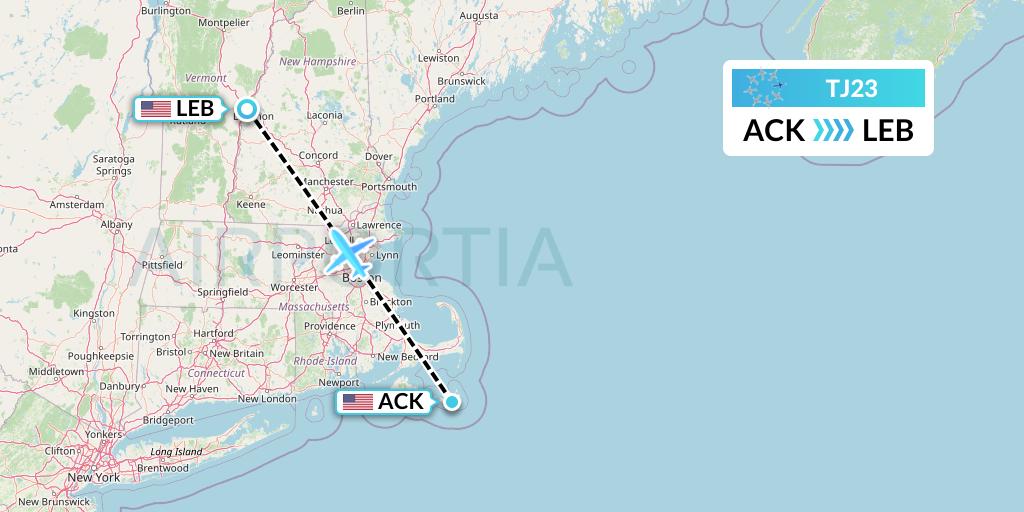 TJ23 Tradewind Aviation Flight Map: Nantucket to Lebanon