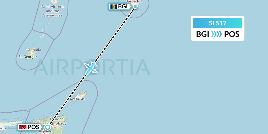 5L517 Fly Salone Airlines Limited Flight Map: Bridgetown to Port of Spain