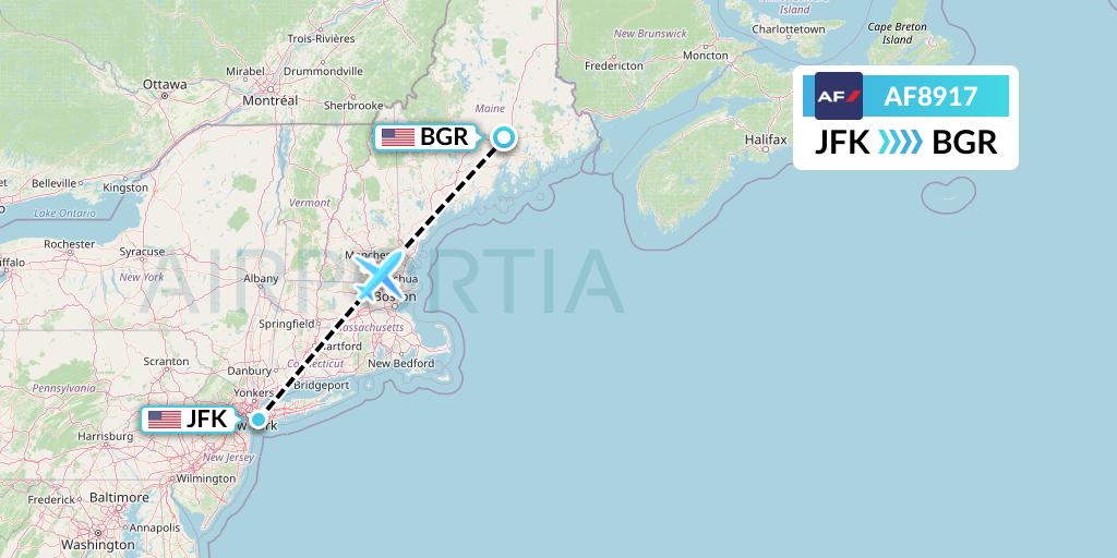 AF8917 Air France Flight Map: New York to Bangor