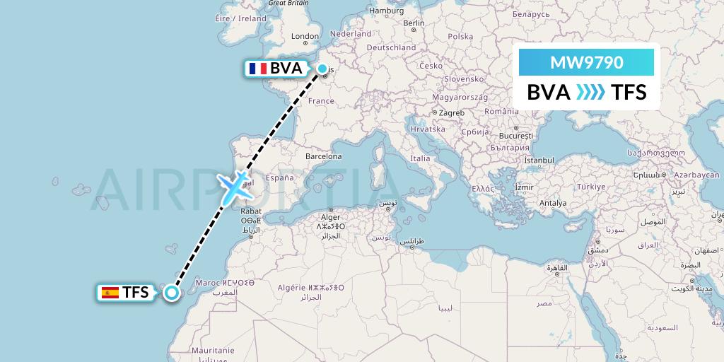 MW9790 Mokulele Flight Service Flight Map: Paris to Tenerife