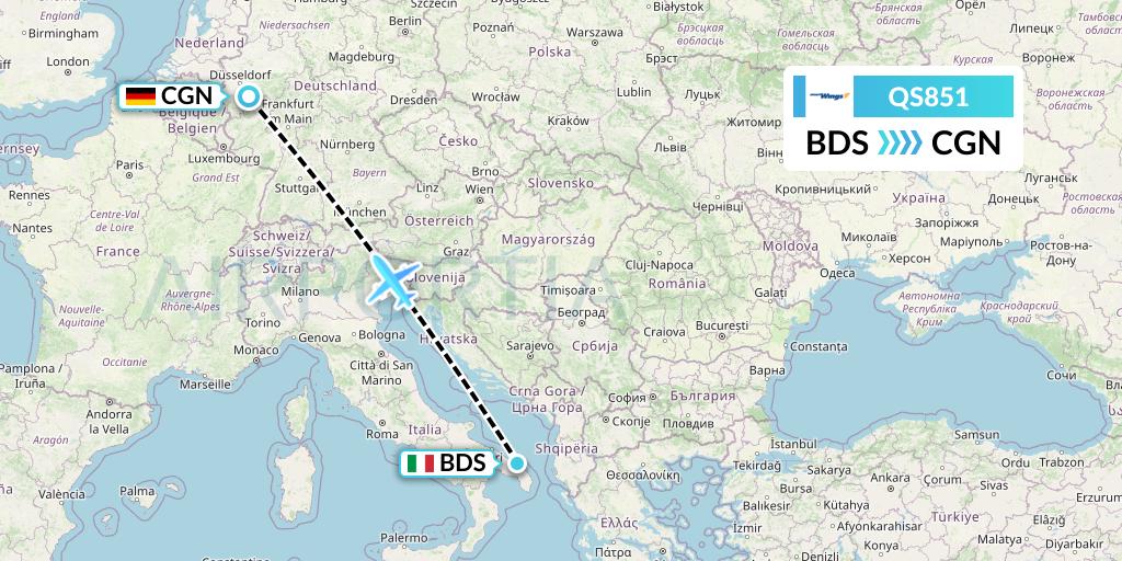QS851 Smartwings Flight Map: Brindisi to Cologne