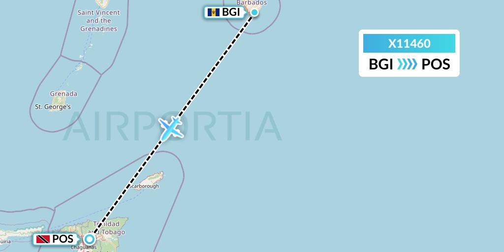X11460 Nik Airways Flight Map: Bridgetown to Port of Spain