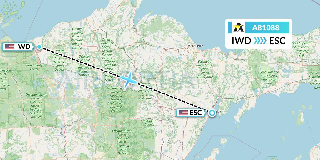 A81088 Aerolink Uganda Flight Map: Ironwood to Escanaba