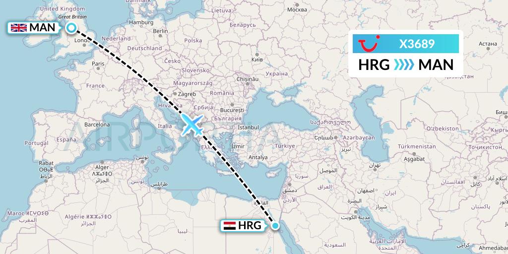 X3689 TUI fly Germany Flight Map: Hurghada to Manchester