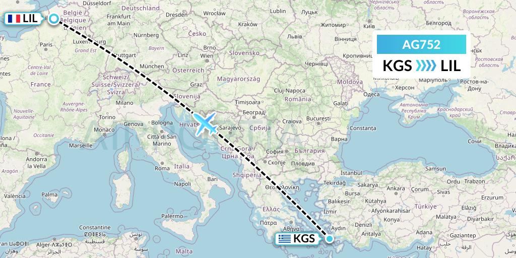 AG752 Aruba Airlines Flight Map: Kos to Lille