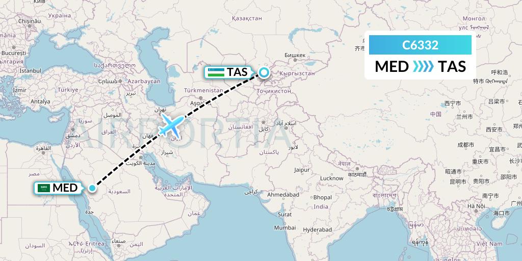 C6332 Capitol Air Express Flight Map: Medina to Tashkent