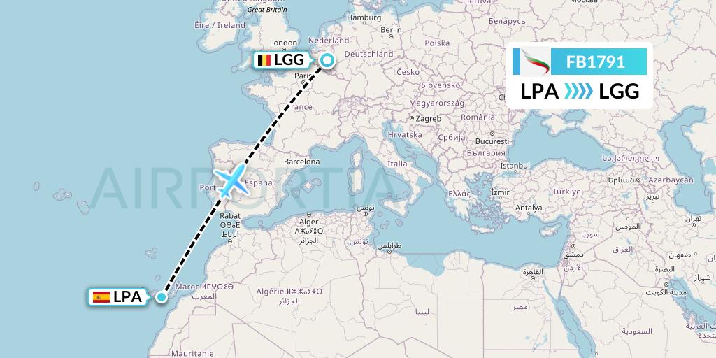 FB1791 Bulgaria Air Flight Map: Las Palmas to Liege