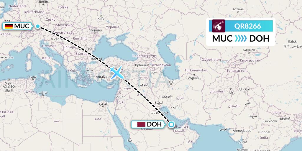 QR8266 Qatar Airways Flight Map: Munich to Doha