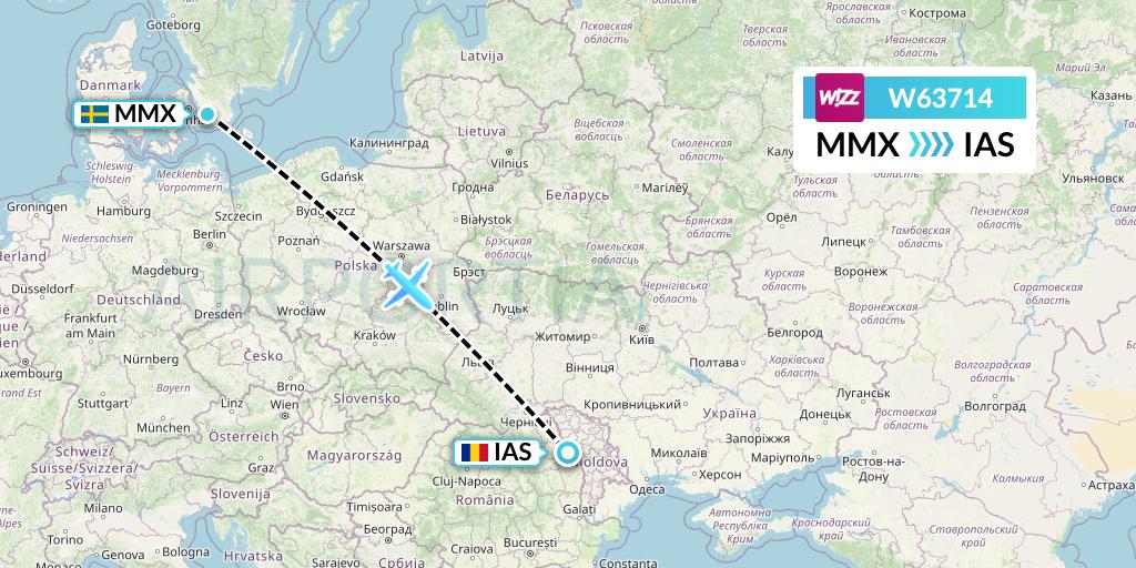 W63714 Wizz Air Flight Map: Malmo to Iasi