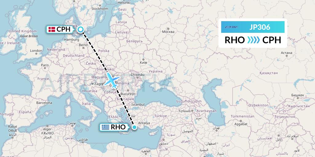 JP306 Adria Airways Flight Map: Rhodes to Copenhagen