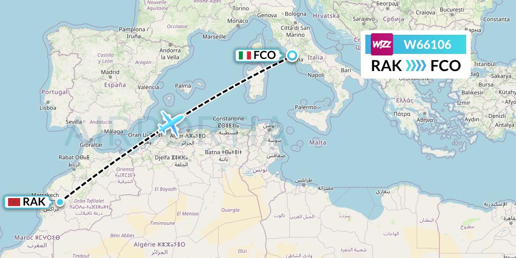 W66106 Wizz Air Flight Map: Marrakesh to Rome