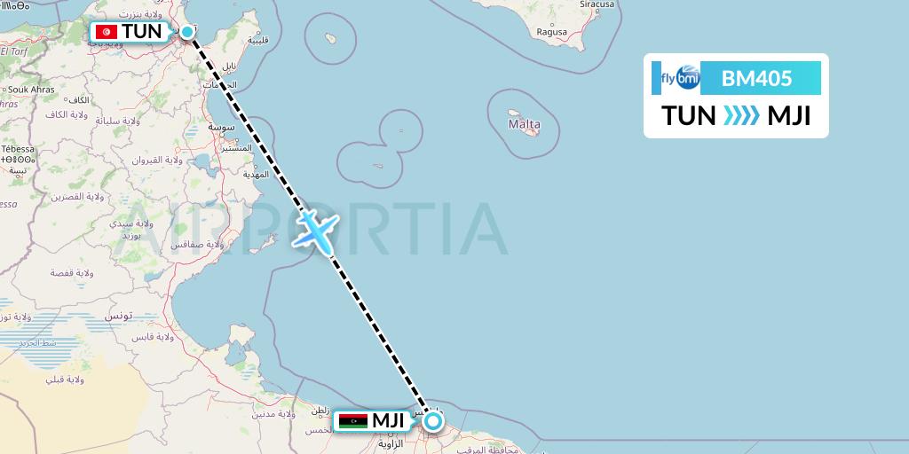 BM405 BMI Regional Flight Map: Tunis to Tripoli