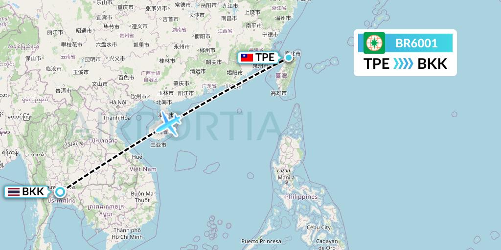 BR6001 EVA Air Flight Map: Taipei to Bangkok