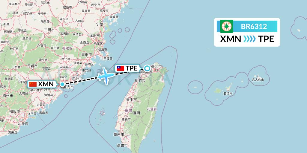 BR6312 EVA Air Flight Map: Xiamen to Taipei