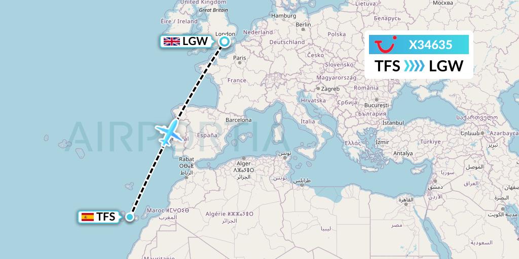 X34635 TUI fly Germany Flight Map: Tenerife to London