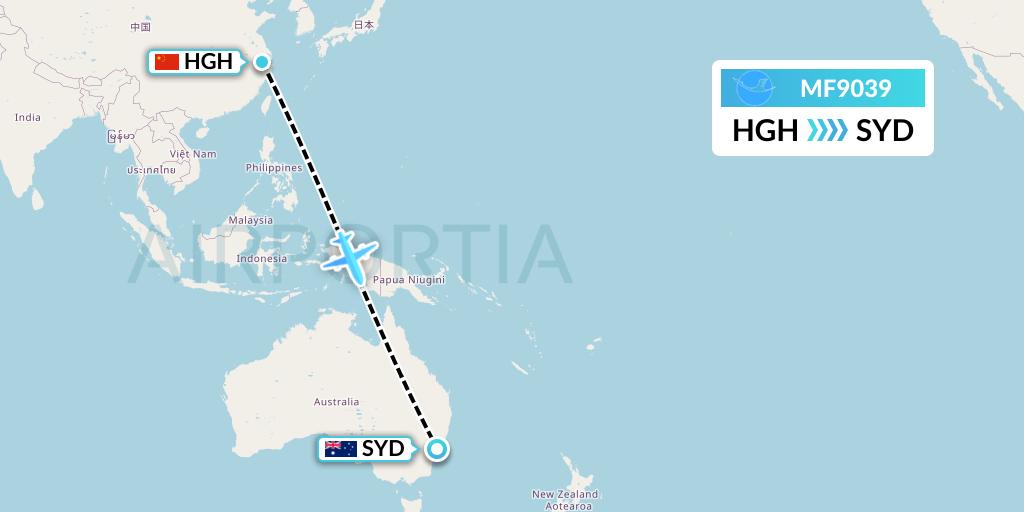 MF9039 Xiamen Airlines Flight Map: Hangzhou to Sydney