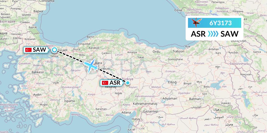 6Y3173 SmartLynx Flight Map: Kayseri to Istanbul