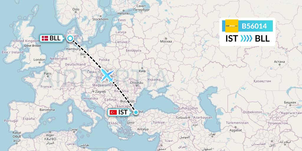 B56014 Fly SAX Flight Map: Istanbul to Billund