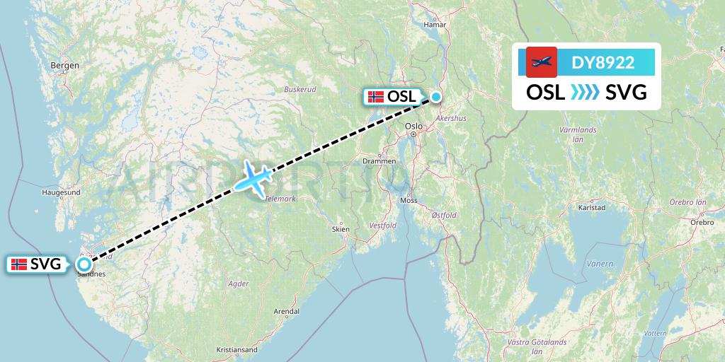 DY8922 Norwegian Flight Map: Oslo to Stavanger