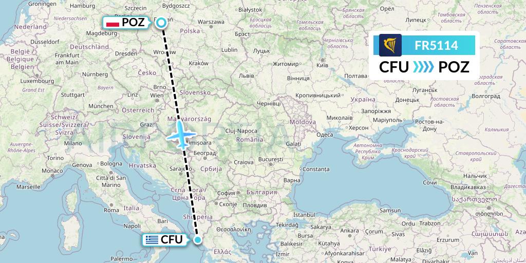 FR5114 Ryanair Flight Map: Corfu to Poznan