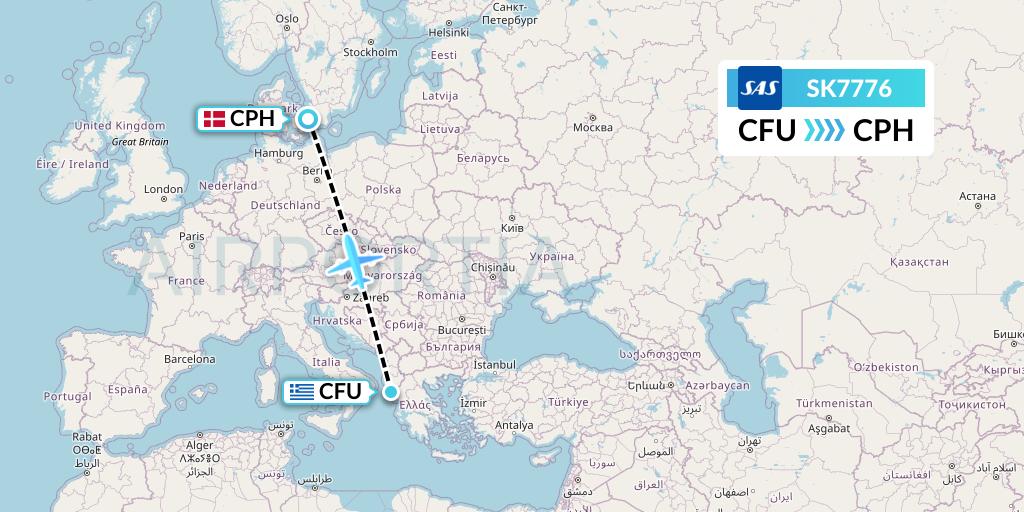 SK7776 SAS Flight Map: Corfu to Copenhagen