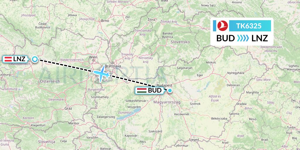 TK6325 Turkish Airlines Flight Map: Budapest to Linz