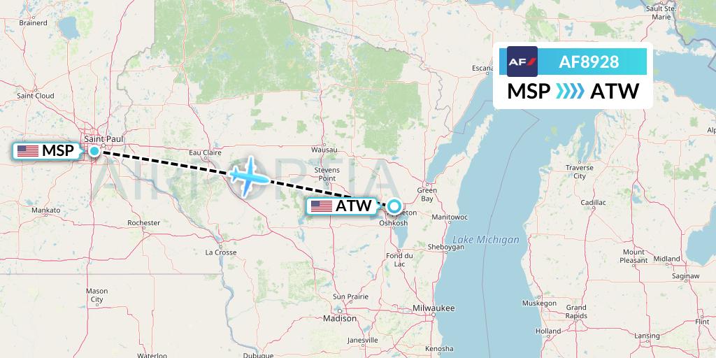 AF8928 Air France Flight Map: Minneapolis to Appleton
