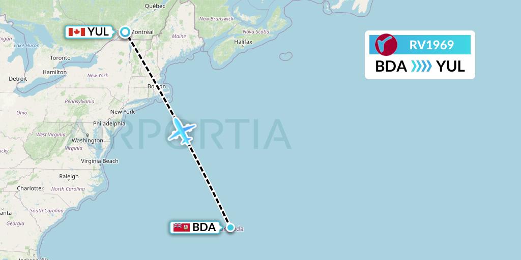 RV1969 Air Canada Rouge Flight Map: Bermuda to Montreal