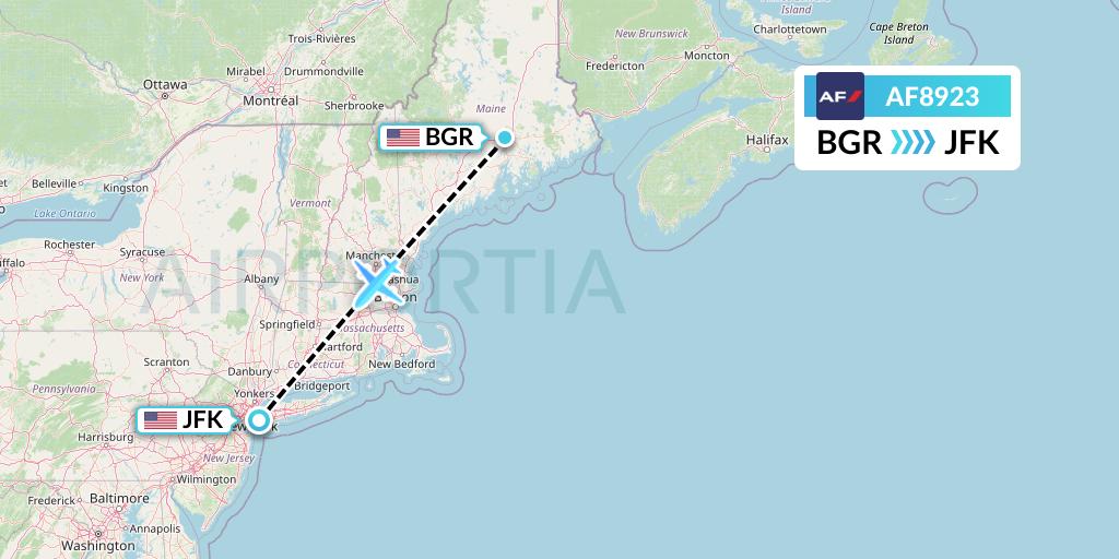 AF8923 Air France Flight Map: Bangor to New York