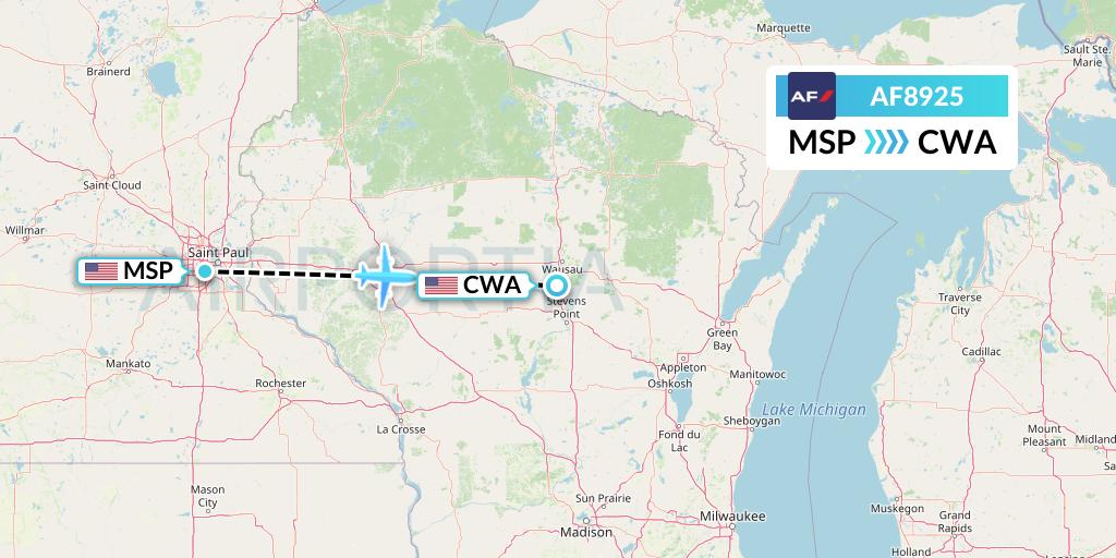 AF8925 Air France Flight Map: Minneapolis to Wausau