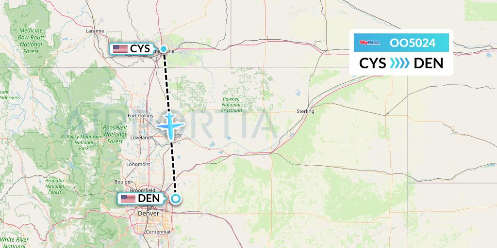 OO5024 SkyWest Airlines Flight Map: Cheyenne to Denver