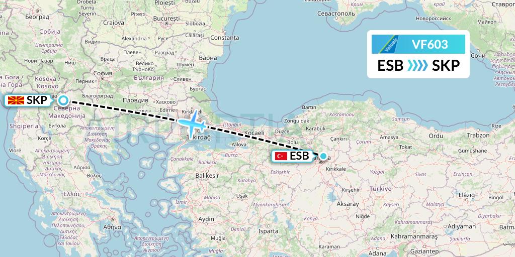 VF603 ValuAir Flight Map: Ankara to Skopje