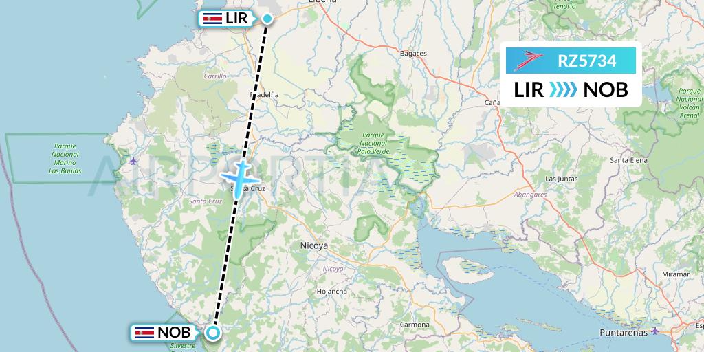 RZ5734 Sansa Airlines Flight Map: Liberia to Nicoya