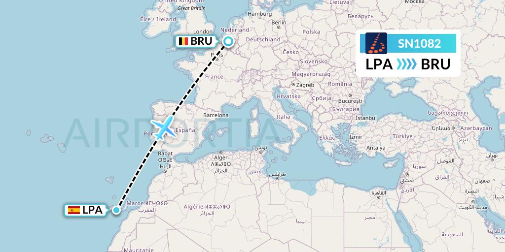 SN1082 Brussels Airlines Flight Map: Las Palmas to Brussels