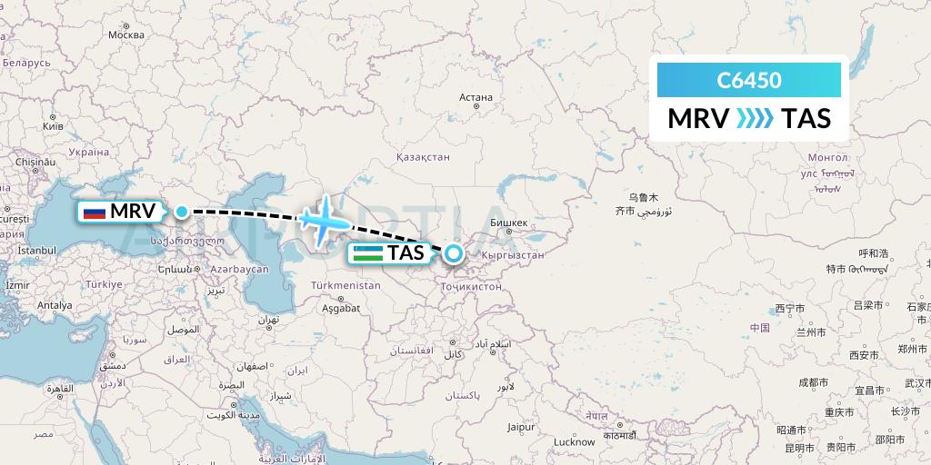 C6450 Capitol Air Express Flight Map: Mineralnye Vody to Tashkent