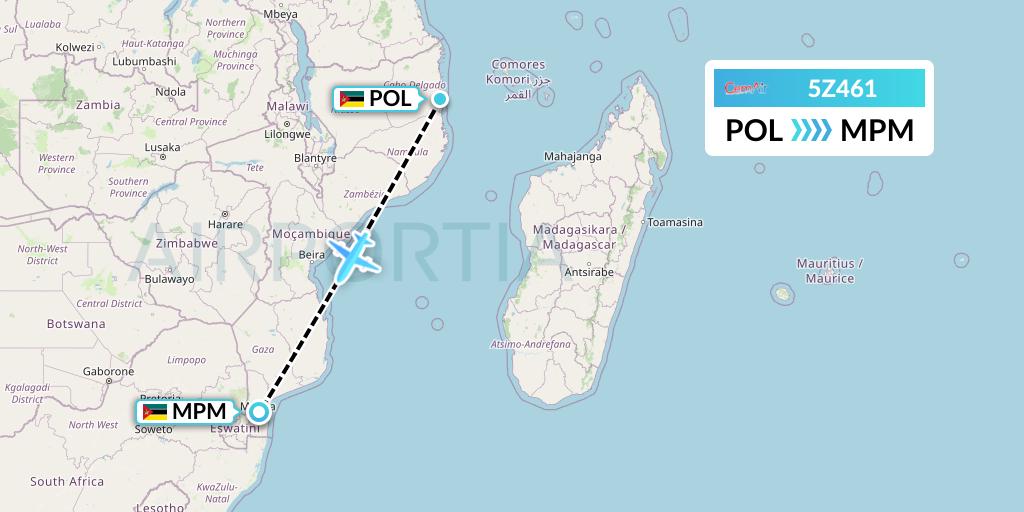5Z461 CemAir Flight Map: Pemba to Maputo