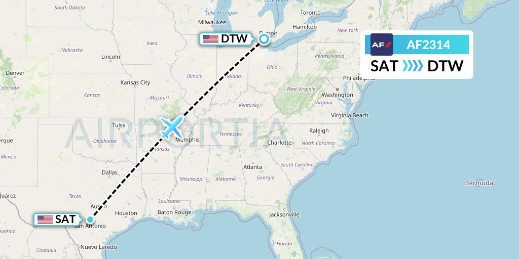 AF2314 Air France Flight Map: San Antonio to Detroit