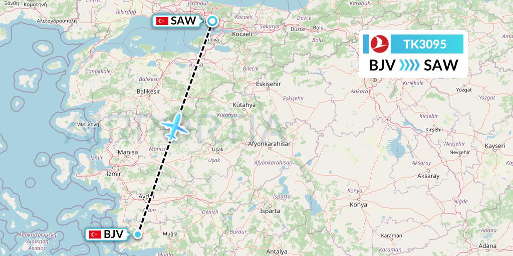 TK3095 Turkish Airlines Flight Map: Bodrum to Istanbul