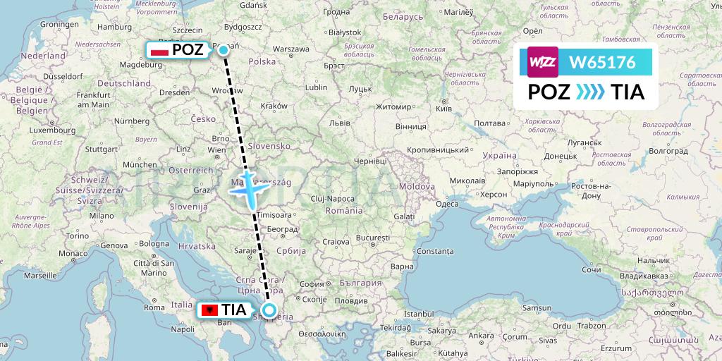 W65176 Wizz Air Flight Map: Poznan to Tirana