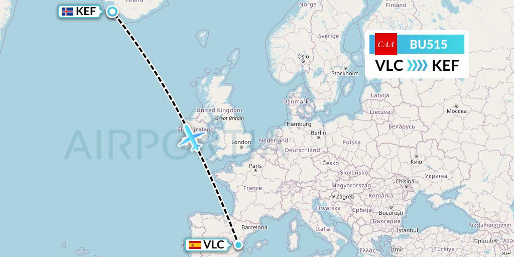 BU515 flyCAA Flight Map: Valencia to Reykjavik