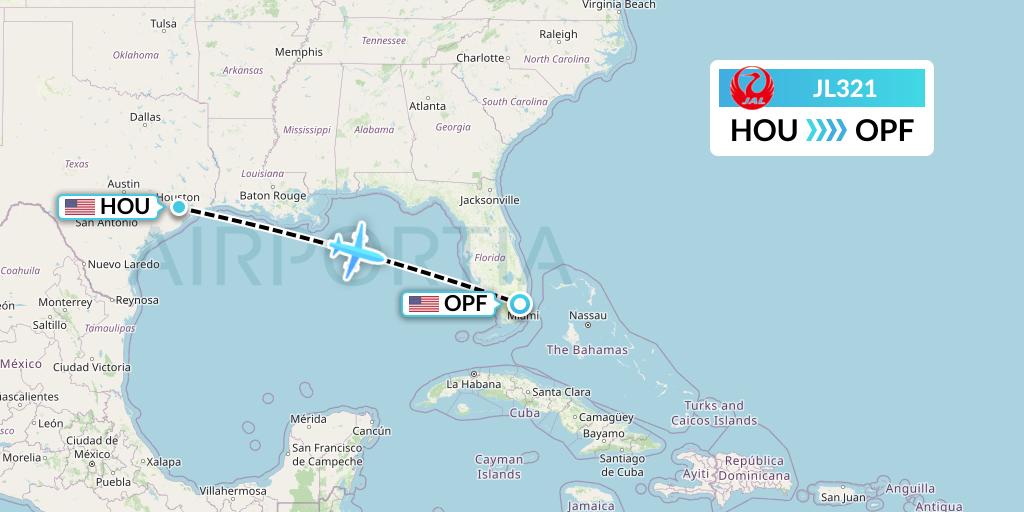 JL321 Japan Airlines Flight Map: Houston to Miami