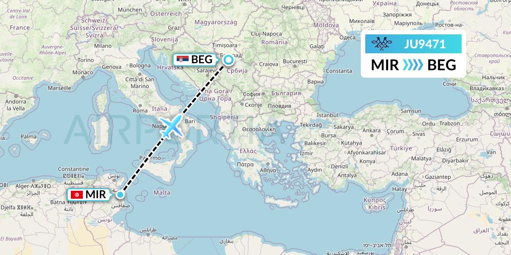 JU9471 AirSERBIA Flight Map: Monastir to Belgrade