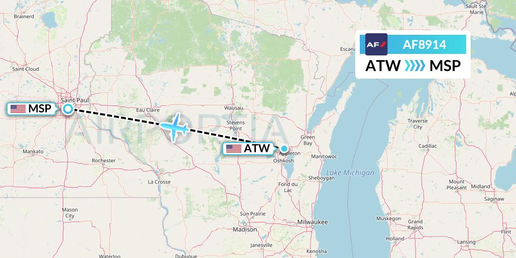 AF8914 Air France Flight Map: Appleton to Minneapolis