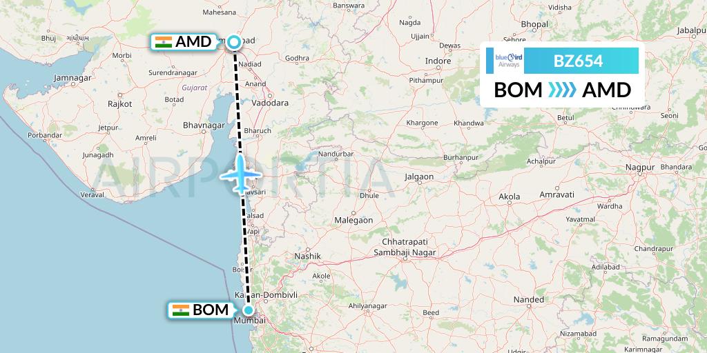 BZ654 Bluebird Airways Flight Map: Mumbai to Ahmedabad