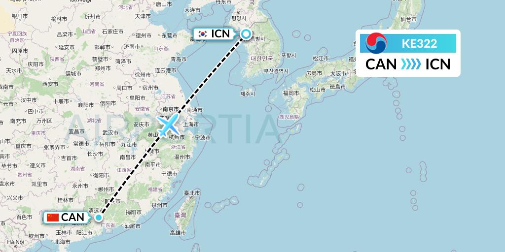 KE322 Korean Air Flight Map: Guangzhou to Seoul
