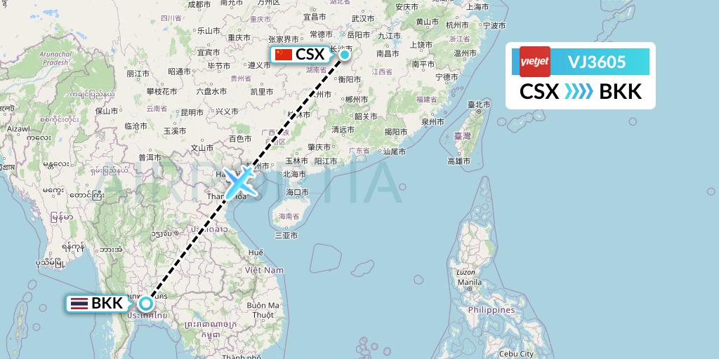 VJ3605 VietJet Air Flight Map: Changsha to Bangkok