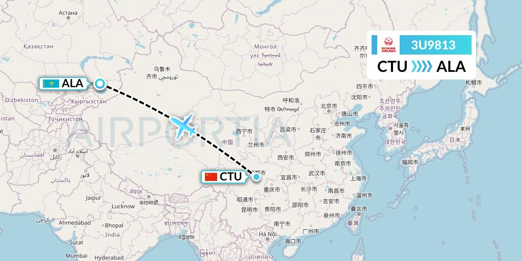 3U9813 Sichuan Airlines Flight Map: Chengdu to Almaty